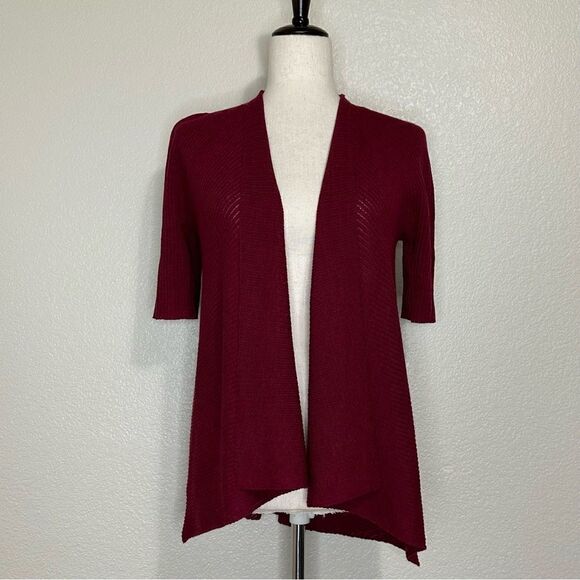 Eileen Fisher 100% Wool Burgundy Open Front Cardigan - Picture 1 of 11
